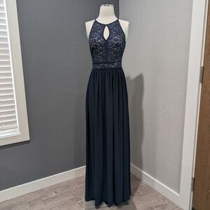 Nightway Navy Blue Lace Sequin Halter Gown Size 8